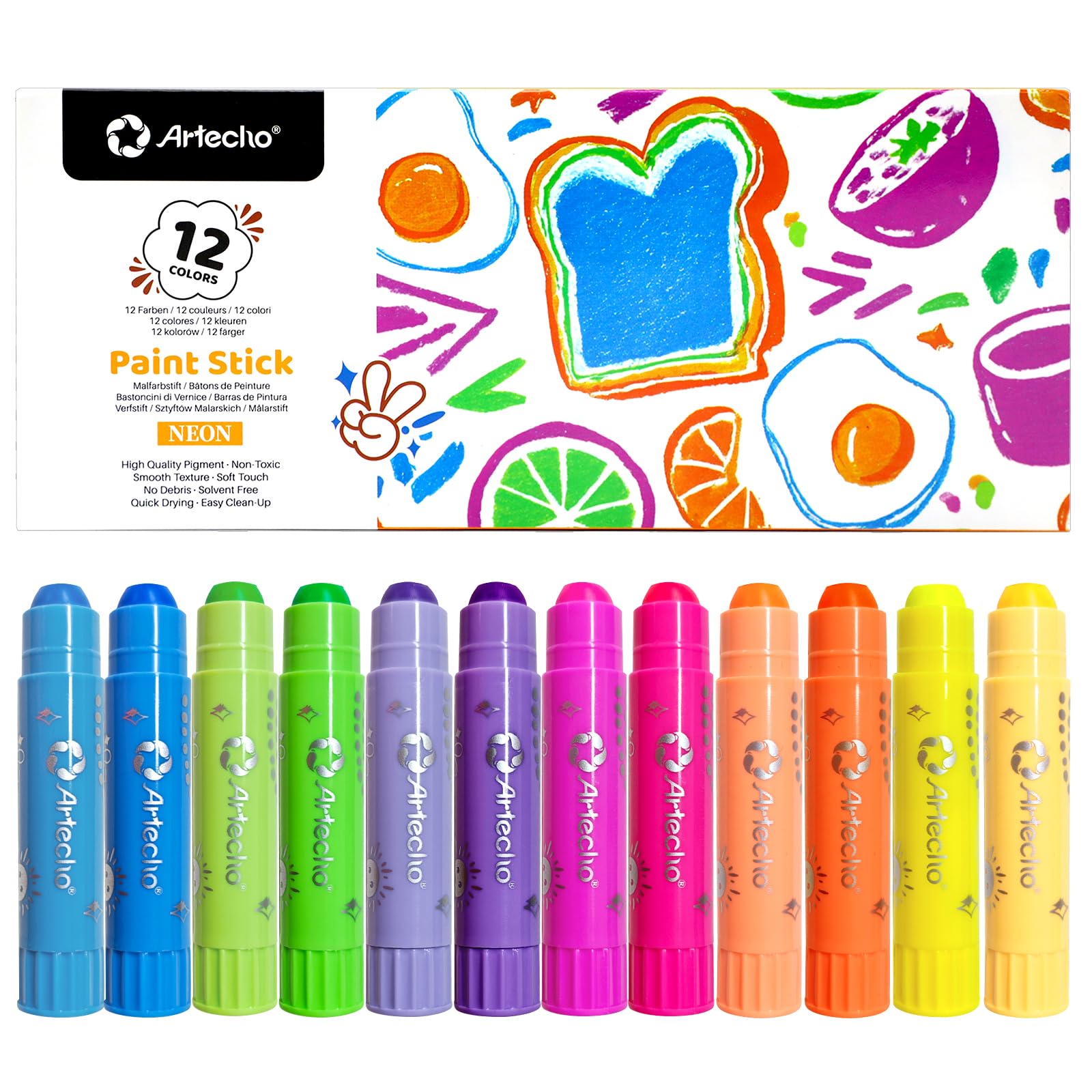 Neon Washable Tempera Paint Sticks, 12 Colors