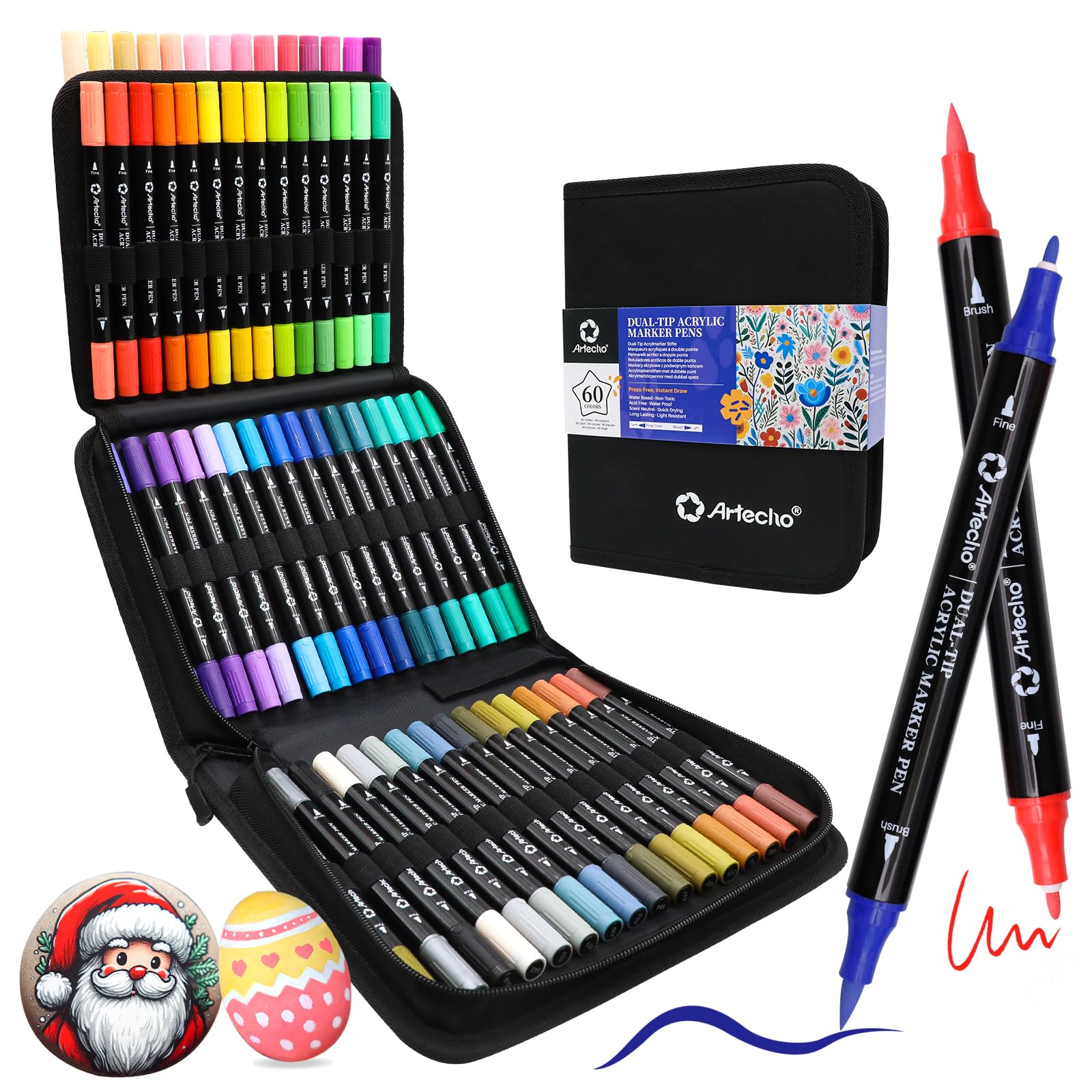 Dual-Tip Acrylic Paint Marker with Bag #Size_60 Colors Brush Tip
