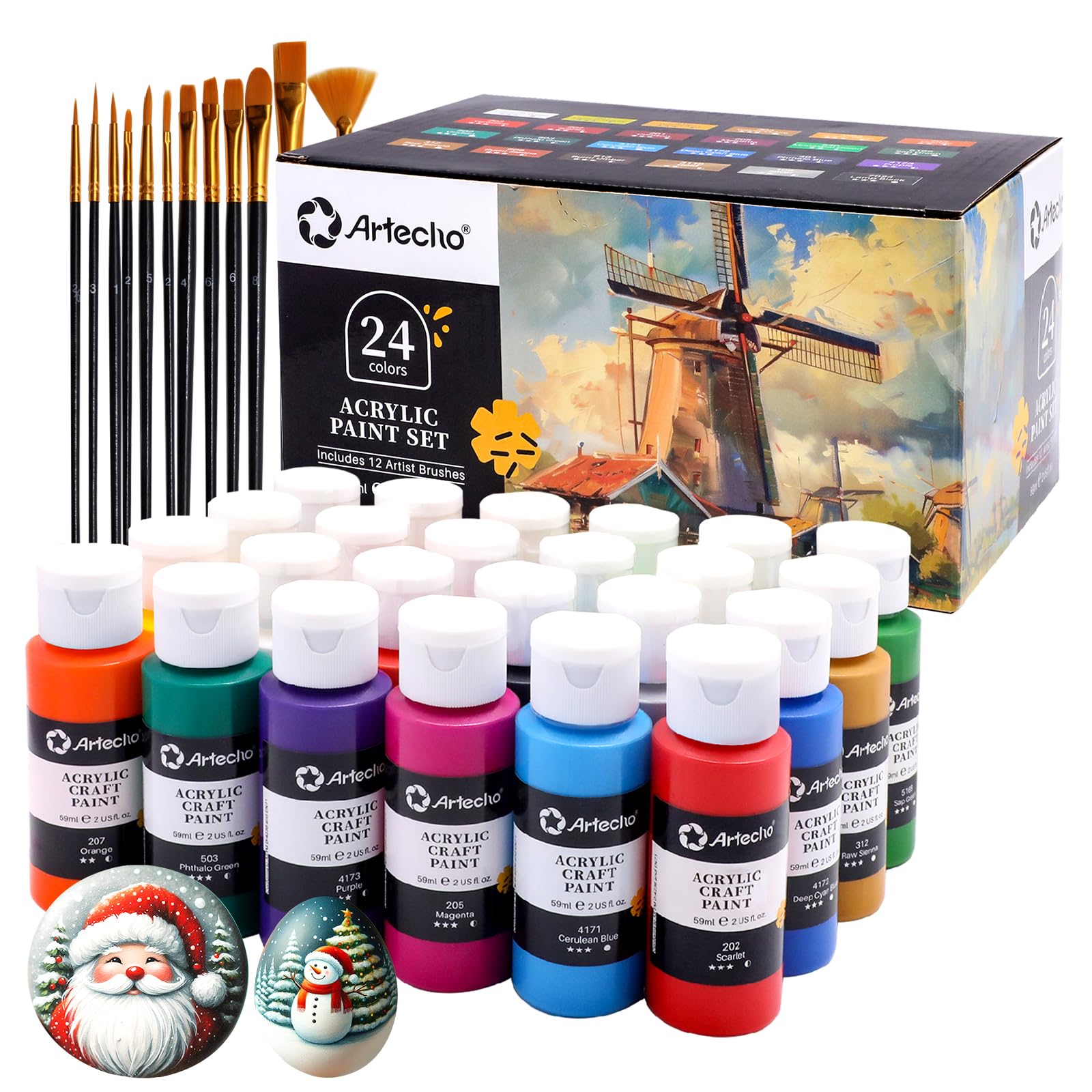 Acrylic Paint Set with 12 Brushes, 24 Colors (59ml / 2oz)