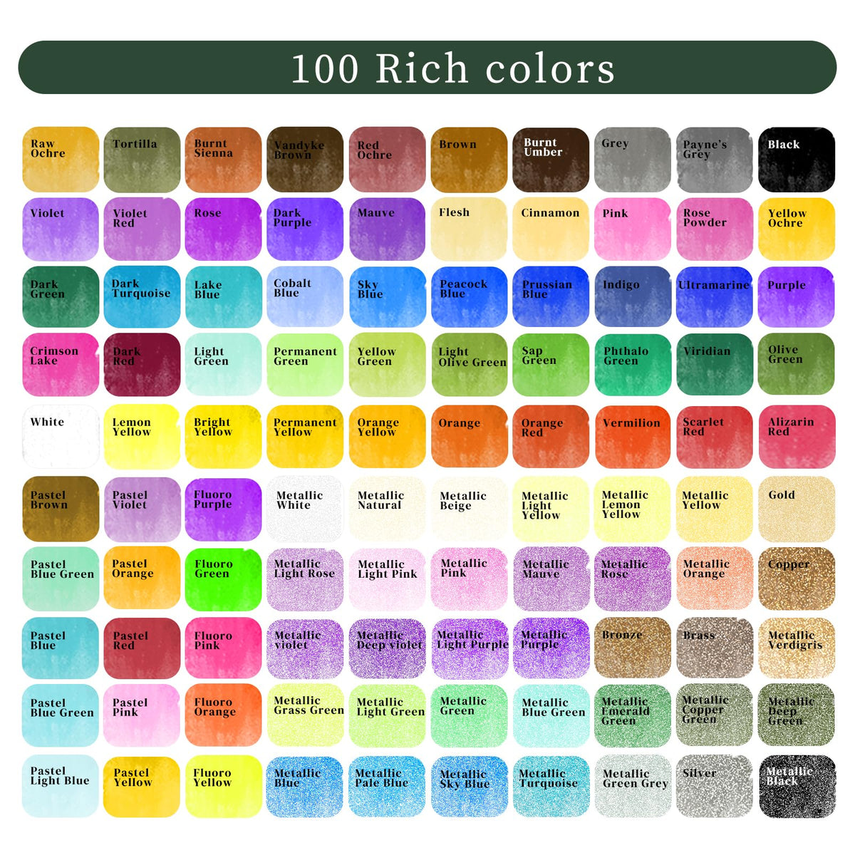 Artecho 100 Colors Watercolor Paint Set with Metallics, Portable Tin Case