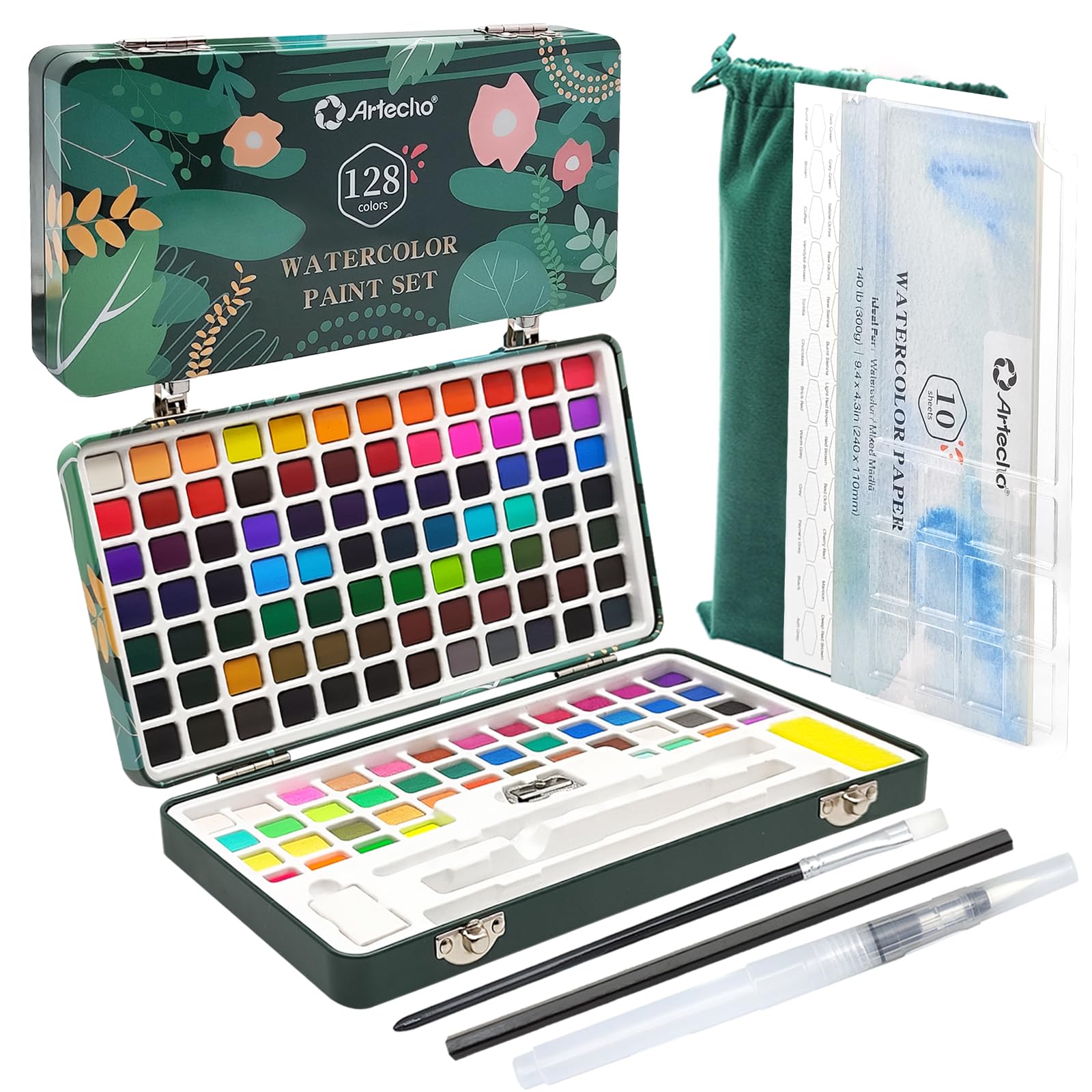 Watercolor Paint Set with Papers & Brushes, 128 Colors