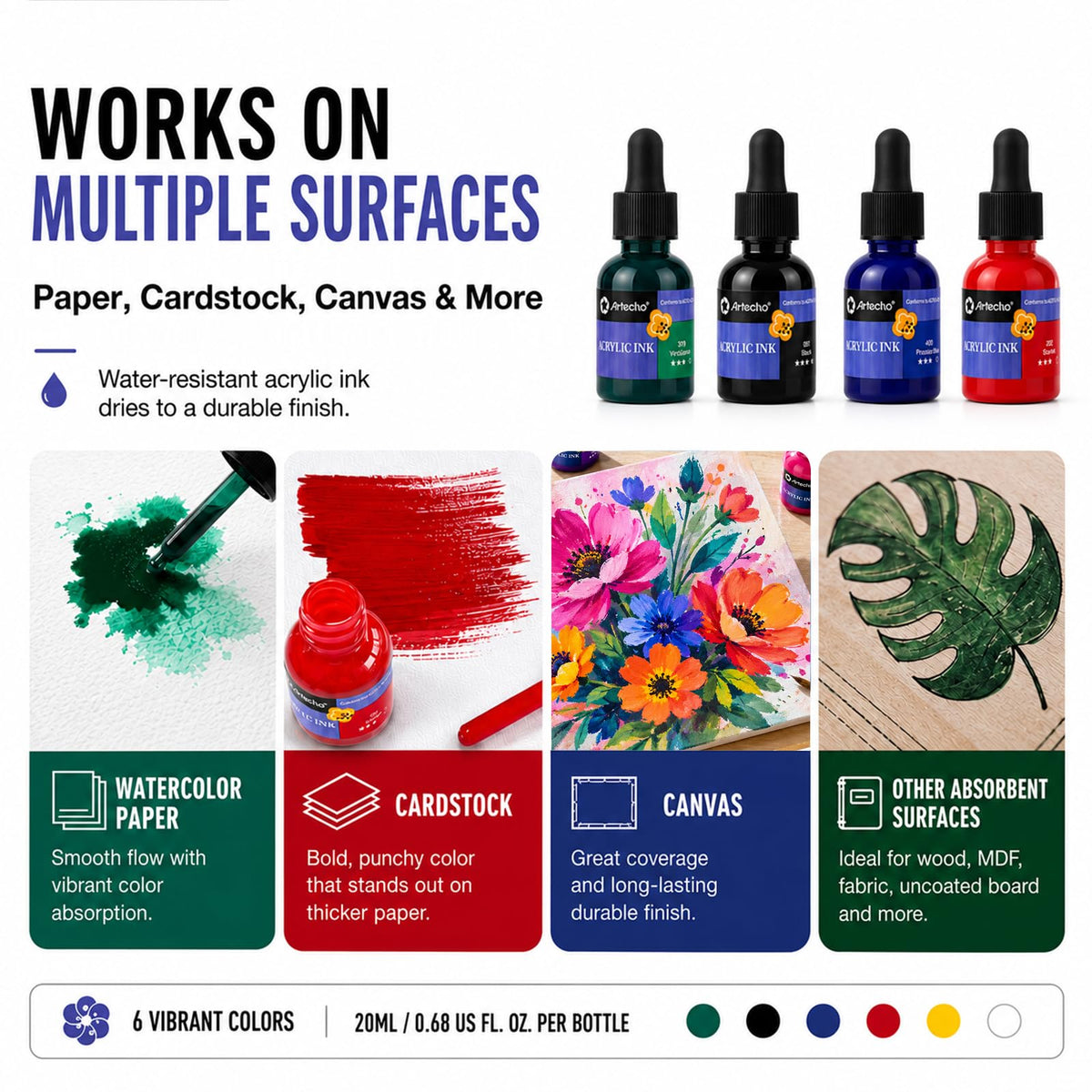 Artecho Acrylic Ink Set, 6 Colors, 20ml Dropper Bottles