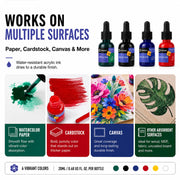 Artecho Acrylic Ink Set, 6 Colors, 20ml Dropper Bottles