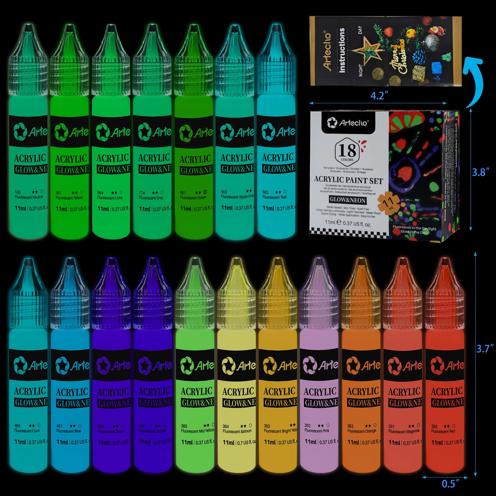 Glow in the Dark Acrylic Paint, 18 Colors (11ml)