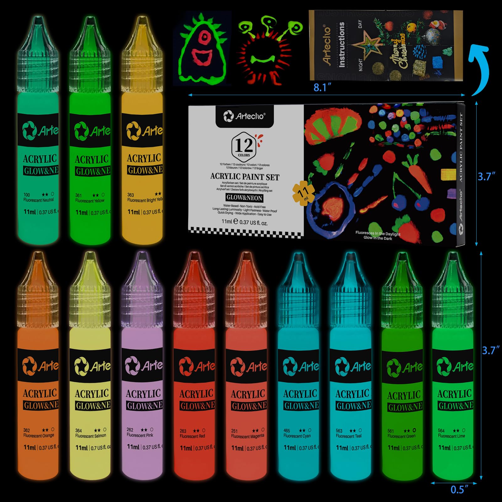 Glow in the Dark Acrylic Paint, 12 Colors (11ml / 0.37oz)