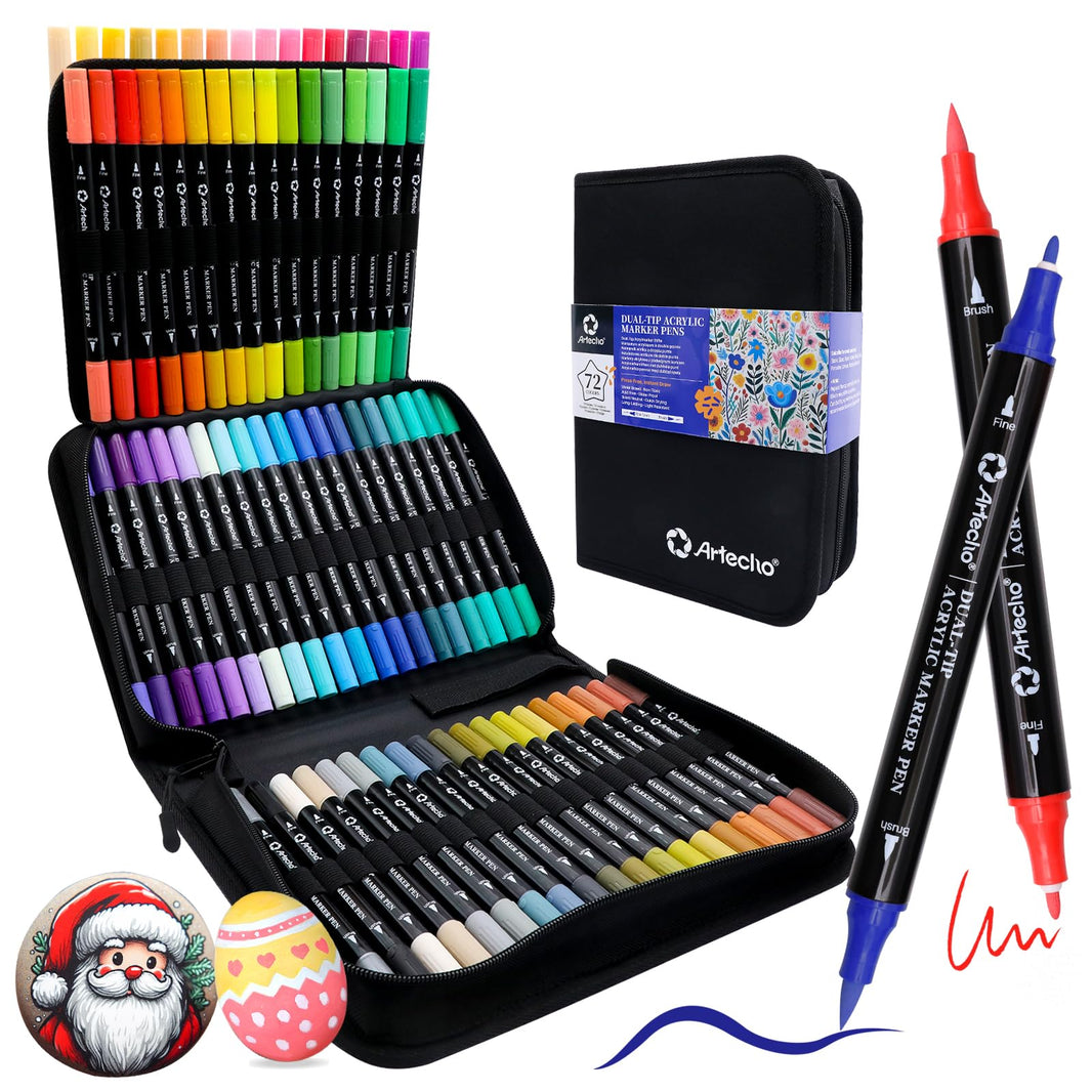 Dual-Tip Acrylic Paint Marker with Bag #Size_72 Colors Brush Tip