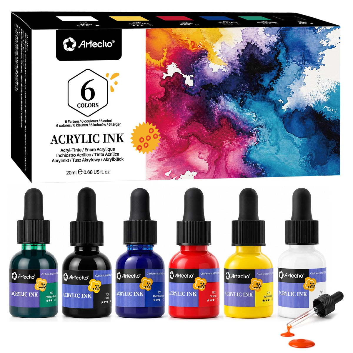 Artecho Acrylic Ink Set, 6 Colors, 20ml Dropper Bottles