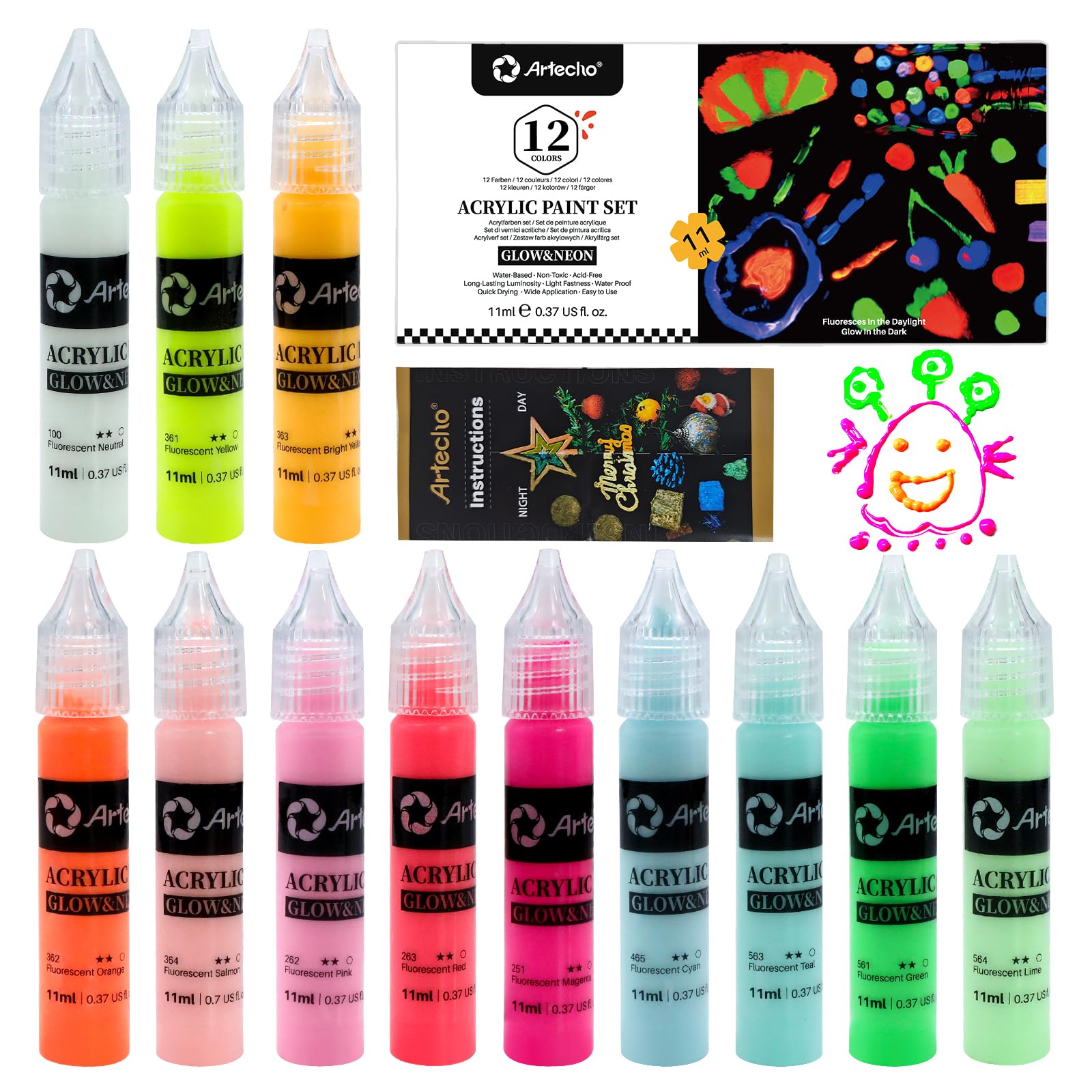Glow in the Dark Acrylic Paint, 12 Colors (11ml / 0.37oz)