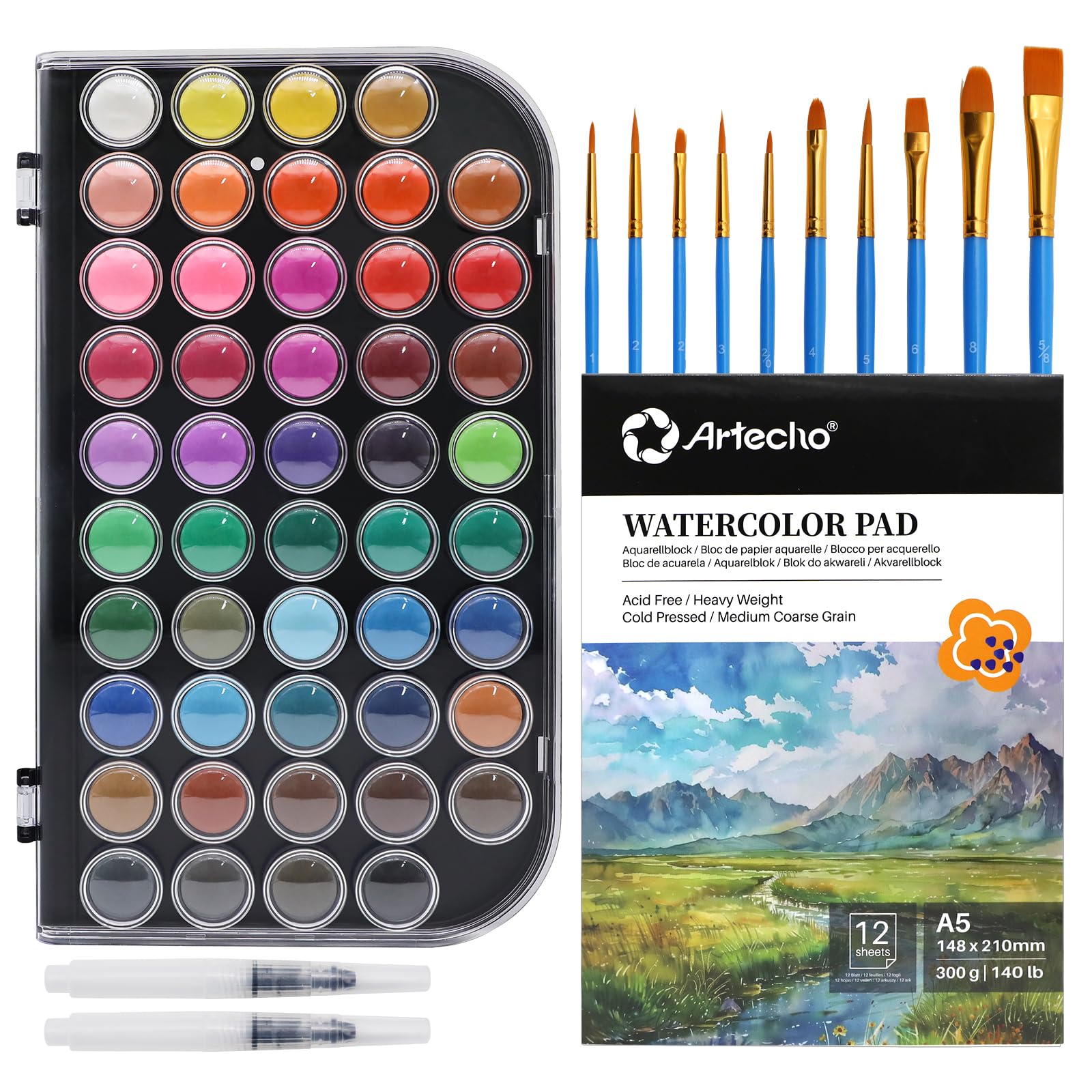 Watercolor Paint Set with Brushes & A5 Pad, 48 Colors