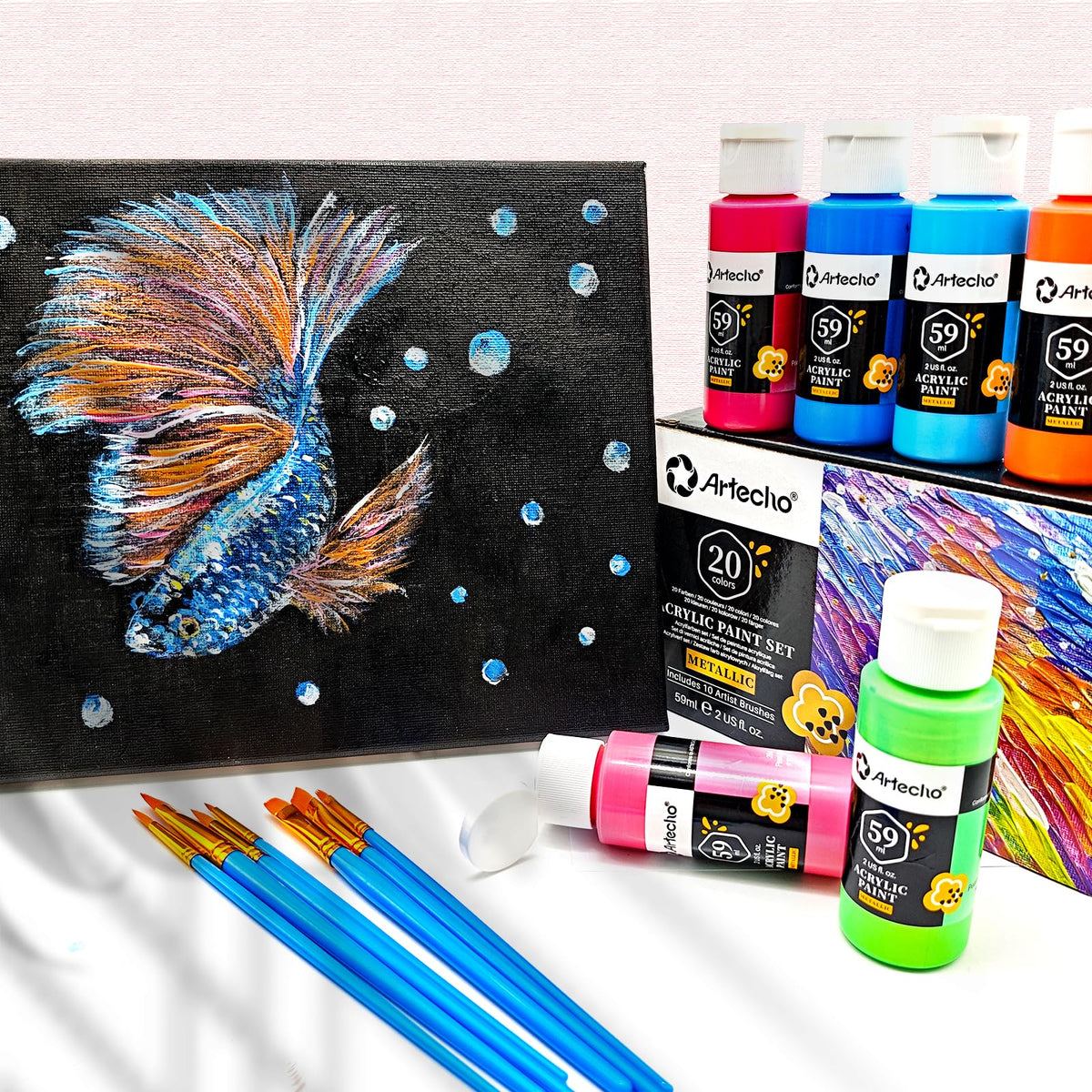 Artecho Acrylic Paint Set 20 Metallic Colors 2oz/59ml with 10 Brushes